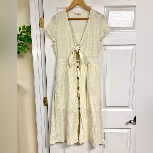 FASHION ON EARTH Ivory Boho gauze Tie front Swing Lagenlook midi pocket dress L - Picture 1 of 9